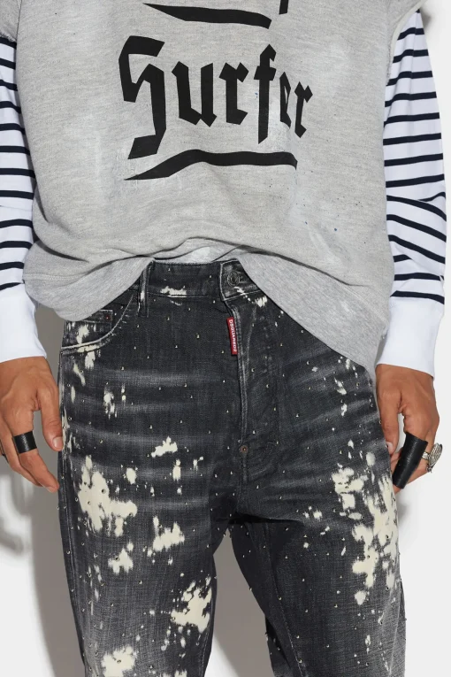 Bleached Studs Wash Relax Long Crotch Jeans