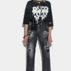 Ripped Leather Patch Wash Boston Jeans