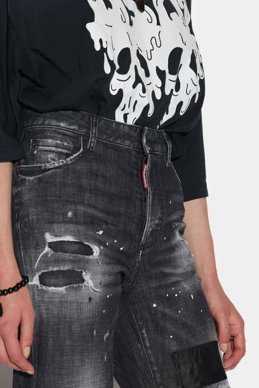 Ripped Leather Patch Wash Boston Jeans