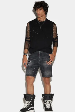 Ripped Leather Wash Marine Denim Shorts