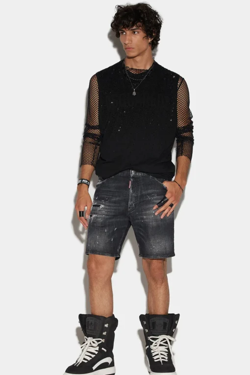 Ripped Leather Wash Marine Denim Shorts