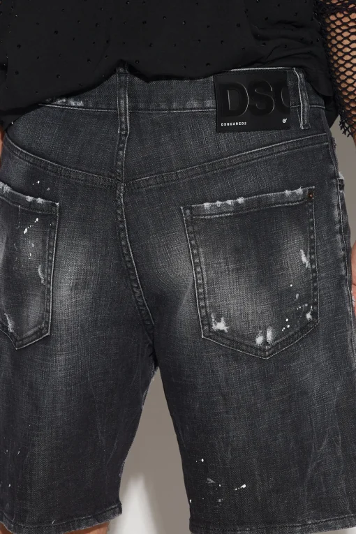 Ripped Leather Wash Marine Denim Shorts